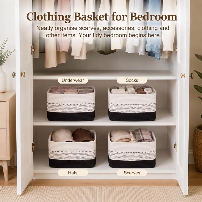 OIASKET 4 Pack Storage Baskets for Organizing, 13"X9"X7.87", Decorative Cotton Rope Baskets for Shelves, Small Woven Basket for Toys, Books and Towels, Black & White