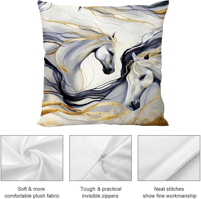 Abstract Horse Throw Pillows Cover 18"x18" Set of 2, Black Gold Pillow Cases for Sofa Couch Chair,Horse Living Room Couch Decor,Horse Stuff for House Lovers