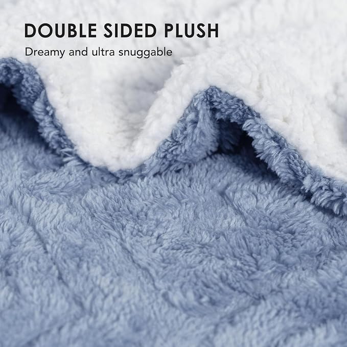 EverGrace Jacquard Reversible Sherpa Throw Blanket, 60" x 80", Blue Linen | Jacquard Sherpa Throw Blanket, Super Soft, Cozy Plush Blanket, Reversible Thick Warm Throw for Bed, Sofa, Living Room