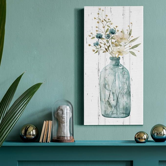 Renditions Gallery Canvas Flowers Wall Art Home Paintings & Prints Elegant Floral Vase Modern Romantic Botanical Bouquet Artwork Decorations for Office Bedroom Kitchen - 8"x16" LT43