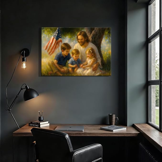 RIBNTAK Made in USA Patriotic Christian Wall Art, Jesus with Kids and US Flag Canvas Print, Inspirational Religious Home Decor for 4th of July, Memorial Day, and Christian Family Gifts