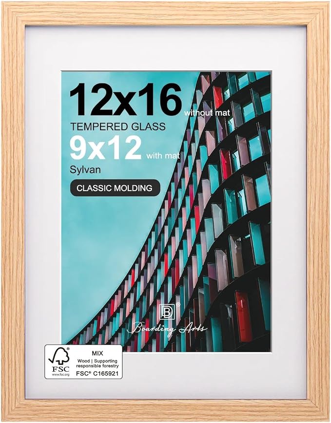 12x16 Picture Frame-Natural Oak,9x12 Mat,Tempered Glass,Engineered Wood