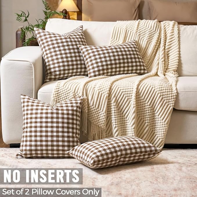 Brown Gingham Plaid Throw Pillow Covers 16x16 Inch Set of 2