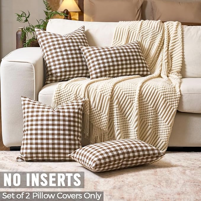 Fall Brown Plaid Gingham Euro Pillow Sham Covers 26x26 Set of 2 for Couch | 26 x 26 Fall European Pillow Covers, Extra Large Pillow Cases, Decorative Pillow Cover for Bed, Cojines Decorativos Para Cama