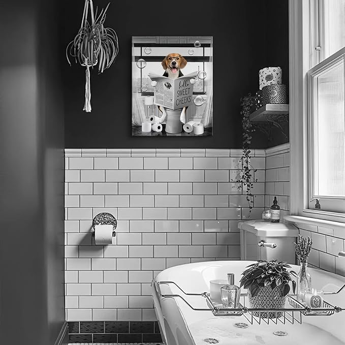 Funny Beagle Dog Wall Art Black and White Farmhouse Bathroom Print - Animal Decor Sitting in Toilet Reading Newspaper Painting - Framed Artwork 12x16 Inch