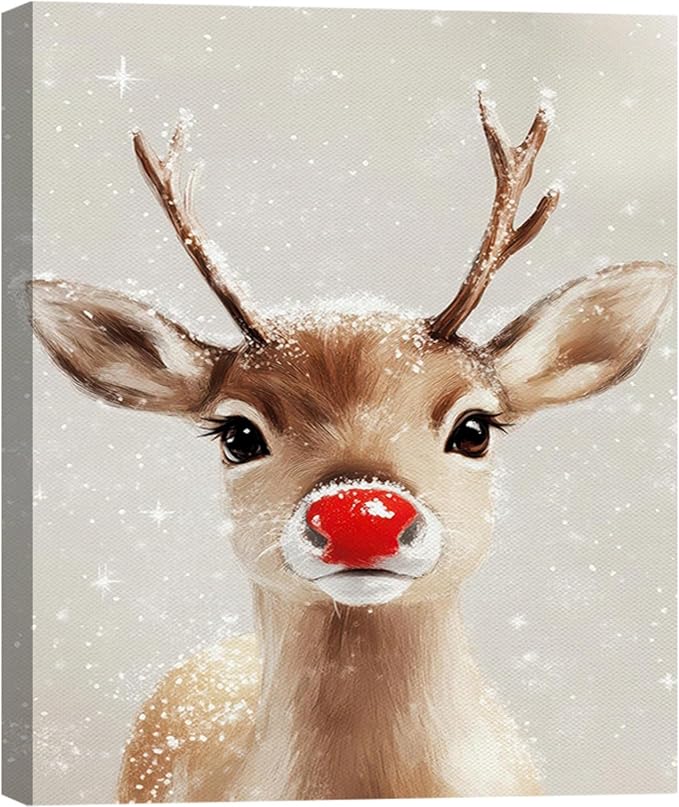 FLZYKGPA Funny Red Nose Deer Pictures Wall Decor Prints 20x30in, Cute Christmas Wall Art Decorations for Home Kitchen Bedroom Bathroom Living Room Office, Winter Cabin Canvas Decor