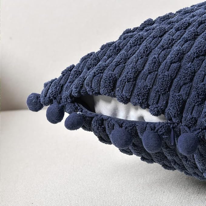 Fancy Homi Set of 2 Navy Blue Decorative Throw Pillow Covers 24x24 Inch with Pom-poms for Couch Bed Sofa, Modern Farmhouse Boho Home Decor, Soft Plush Corduroy Cute Cushion Case 60x60cm