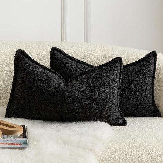 MANDIOO Pack of 2 Decorative Throw Pillow Covers Accent Solid Woven Textured Cushion Covers Pillow Cases Bedroom Living Room Sofa Home 12 x 20 Inch Black