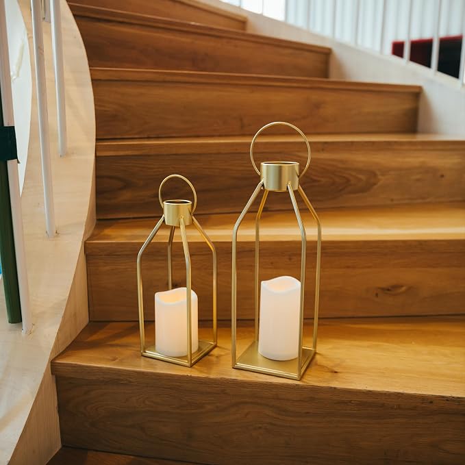 HPC Decor Modern Farmhouse Lantern Decor- Gold Metal Candle Lanterns for Christmas- Lanterns Decorative w/Timer Flickering Candles for Living Room, Home, Indoor, Outdoor, Table,Fireplace Mantle Decor