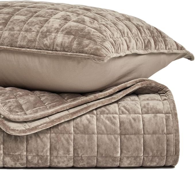 RECYCO Channel Box Stitch Velvet Quilt Set, Full Queen Size, Natural Tan | Ultra Soft Lightweight Velvet Comforter, Luxury Oversized Bedspread Coverlet, Quilted Bedding Set for All Season with 2 Shams