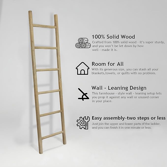 Wooden Blanket Ladder - 76in Natural & Motley Wood - Leaning Wall Decor for Bedroom, Bathroom, Living Room - Rustic Quilt Holder & Towel Rack (Brown, 76in | Pre Assembled)