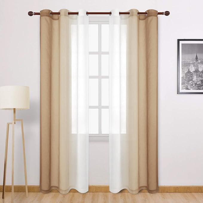 DWCN Taupe Ombre Sheer Curtains - 84 inches Long Faux Linen Gradient Semi Voile Curtains for Bedroom and Living Room, Set of 2 Grommet Top Window Curtain Panels, 42 x 84 Inches Long, Taupe