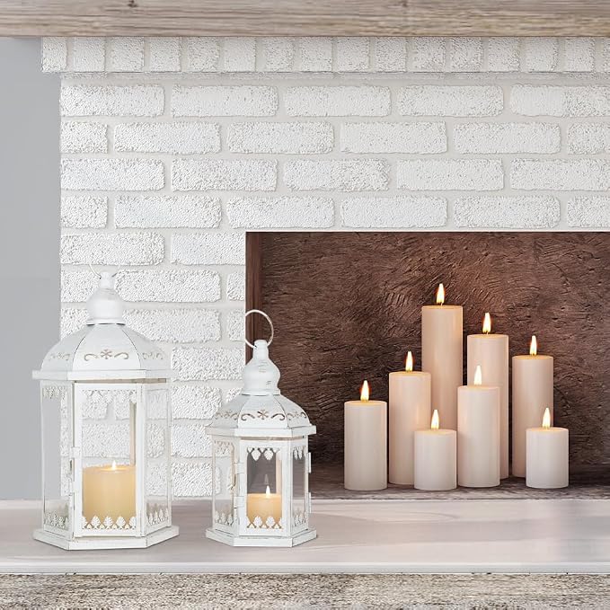 Lanterns Decorative Outdoor&Indoor, Set of 2 (15"&11") White Metal Lantern Decor with Glass, Candle Holder for Porch, Patio, Garden, Balcony, Wedding, Table Centerpiece