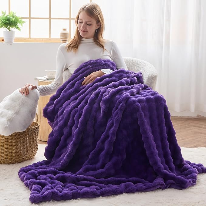 NEWCOSPLAY Faux Fur Fluffy Bubble Twin Blanket for Couch, Purple, 60"x80" | Soft Thick Warm Bubble Blanket for Couch Sofa Bed 550GSM, Plush Cozy Luxury Decorative Throw, Gift for Women Men