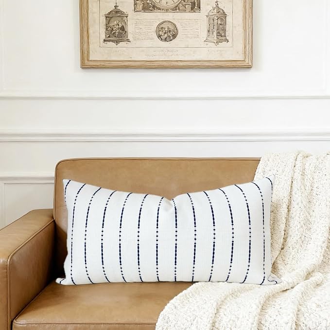 Slow Cow Linen Embroidery Decorative Lumbar Throw Pillow Cover Rectangular Pillowcase Cushion Cover for Bed Couch Sofa 12 x 24 Inches Navy Blue
