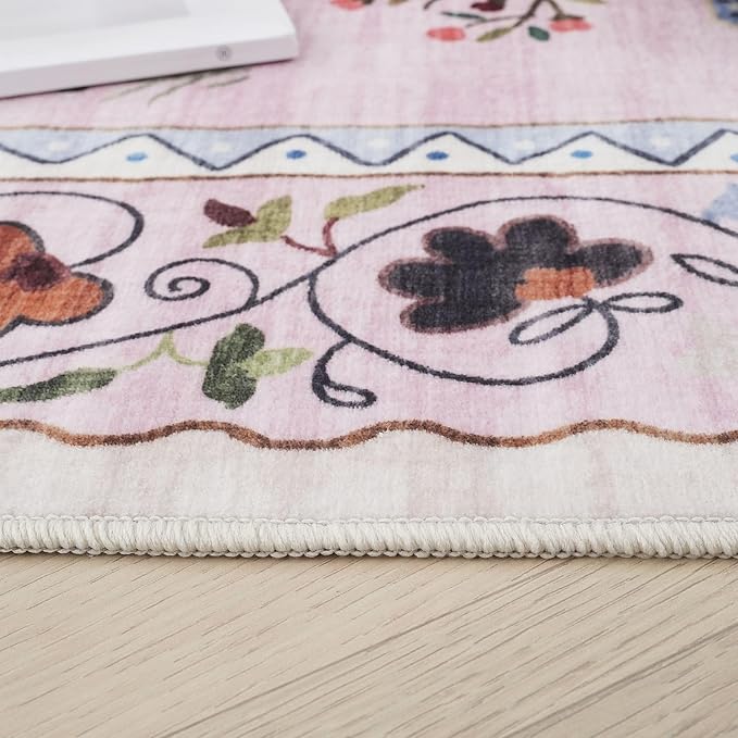 Rugcomf Area Rug 4x6 Rug Washable Boho Rugs Non Slip Low Pile Floral Animal Cat Small Carpet for Bedroom Bedside Kids Room Office Dining Room, Pink