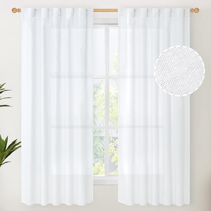 YoungsTex White Linen Curtains 63 Inch Length for Short Living Room Window, 38 Inches Wide Light Filtering Drapes Back Tab Rod Pocket for Bedroom, 2 Panels