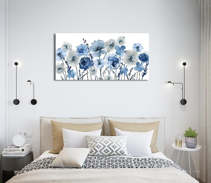 VEAEE Flowers Canvas Wall Art - Indigo Floral Canvas Pictures Living Room Wall Decor Botanical Canvas Prints Painting Abstract Artwork Bedroom Office Home Decor 20"x 40"