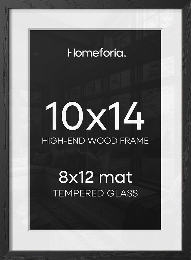 Homeforia 10x14 Black Oak Picture Frame, High-End Wood, 8x12 Mat, Glass