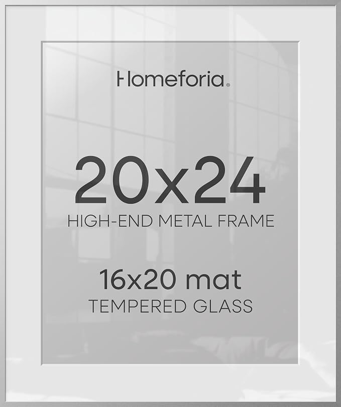 Homeforia 20x24 Silver Picture Frame, High-End Metal, 16x20 Mat, Glass