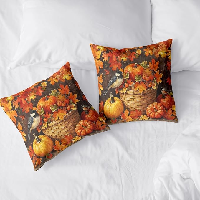 Autumn Pumpkin Pillow Covers Orange Maple Leaf Pillows Cases Fall Themed Throw Pillow Covers 20x20 Set of 2 Harvest Thanksgiving Cushion Cases for Bedroom Living Room Couch