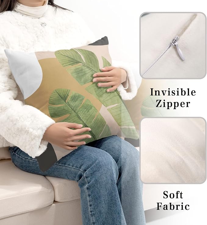 Green Leaves Tropical Throw Pillow Covers Summer Palm Tree Couch Covers 20x20 Jungle Plant Banana Leaf Living Room Decor Decorative Pillow Covers in 2 Pcs for Sofa Chair