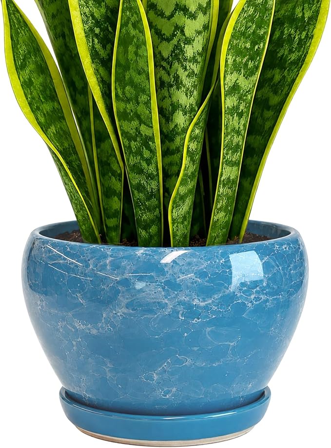 Deep Dream 8 Inch Plant Pots- Ceramic Pots for Plants with Drainage Hole and Saucer, Large Planter Pot for Indoor Plants Outdoor Decor, Gemstone Blue