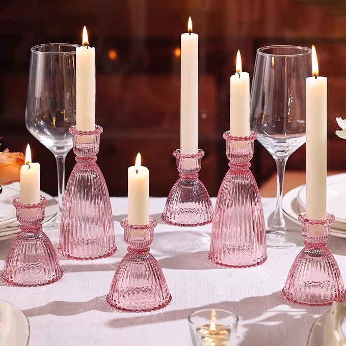 Pink Candle Holder Set of 6-4pcs 3.5"& 2pcs 6" Assorted Glass Pink Candlesticks Holder for Wedding Decor, Ribbed Taper Candle Holders Bulk for Bridal Shower, Home Table Centerpieces