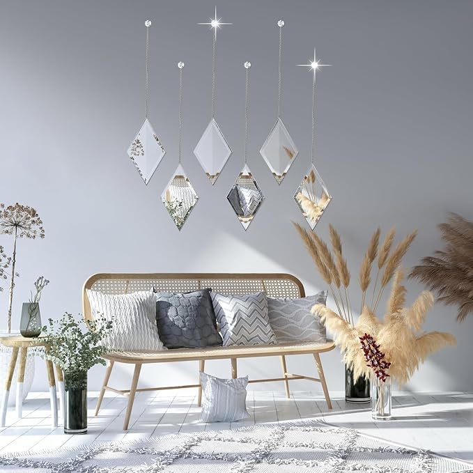 yshengood Diamond Wall Mirror Set of 6 Pcs, Silver Wall Decor Mirrors Small Glass Decor Wall Mirrors for Living Room and Bedroom Decoration