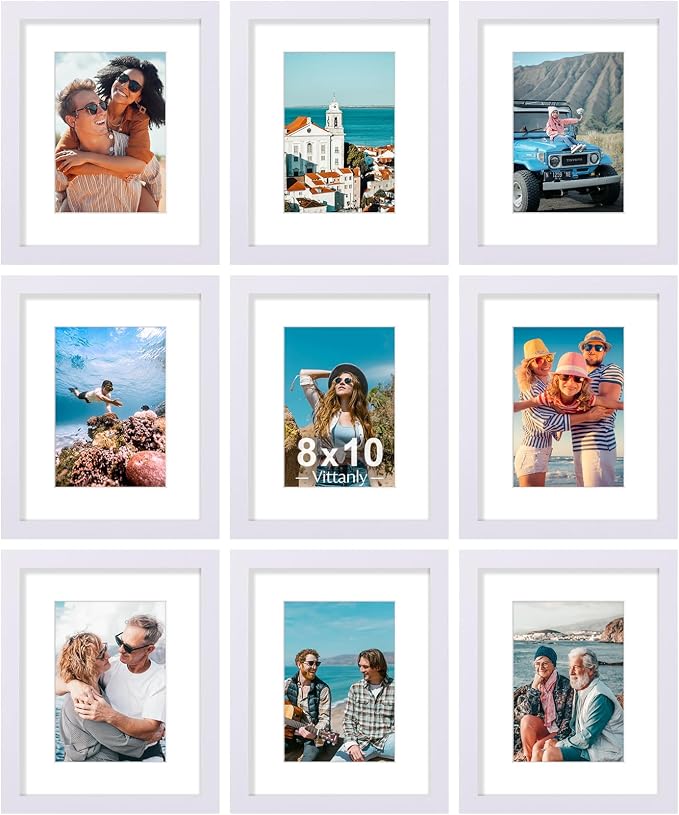 Vittanly 8x10 Picture Frames Set of 9 for Wall or Tabletop Display, White | Display Pictures 5x7 with Mat or 8x10 without Mat, Small Photo Frames, Engineered Wood with Shatter Resistant Plexiglass