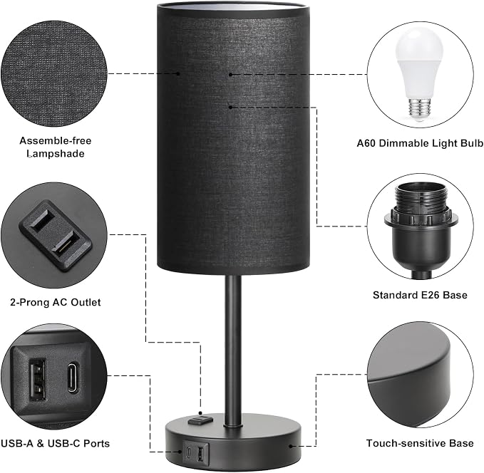Fenmzee 17.4" Black Lamp for Bedroom - Dimmable Touch, USB A+C, AC Outlet