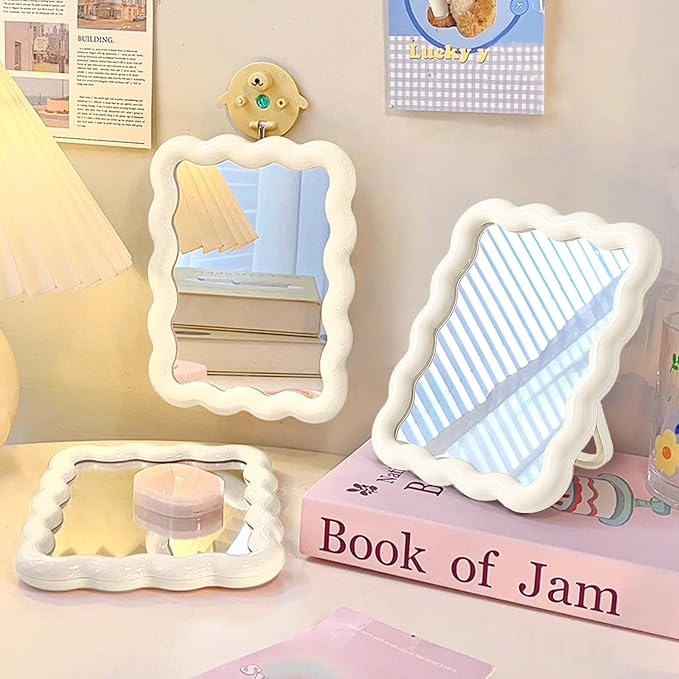 Wave Table Desk Vanity Makeup Mirror Small Make Up Office Mirror White | Desk Decor,Cute Mirror,Cute Desk Accessories,Mini Mirror,for Standing Hanging,6.7X5.3Inch,Home Decor