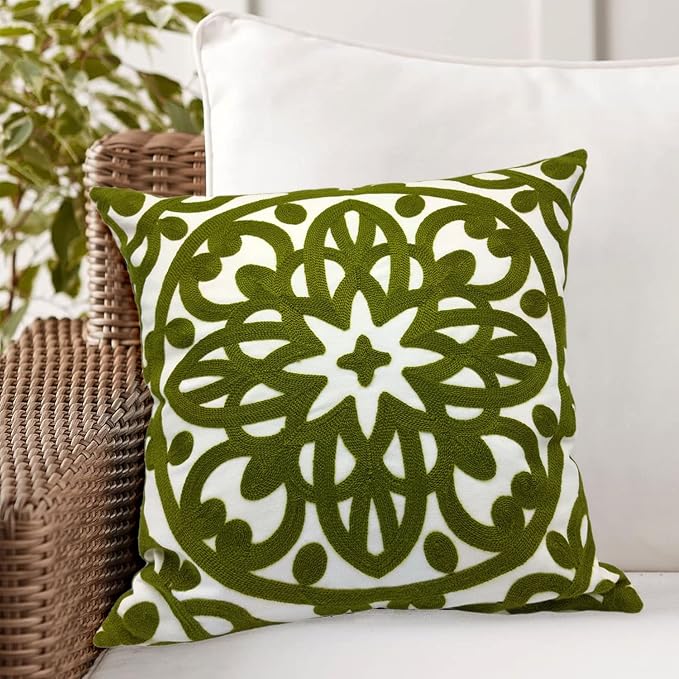 Alysheer Embroidered Decorative Throw Pillow Cover 20"x 20", Boho Mandala Modern Thick Embroidery Pattern, Durable Cotton Canvas Soft Cushion Case for Sofa Couch Bed Living Room (Olive Green)