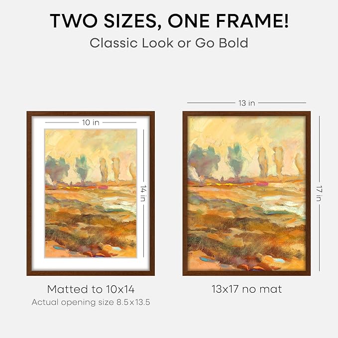Homeforia 13x17 Brown Oak Picture Frame, High-End Wood, 10x14 Mat, Glass