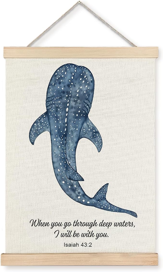 JINYO Whale Shark Christian Wall Art Poster, Bible Verses Wall Decor, Isaiah 43:2 Bible Scripture Canvas Prints Wall Decor for Bedroom Living Room Home Office Church, 16x24 Inches
