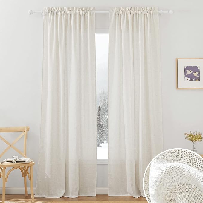 RYB HOME Semi Sheer Curtains Linen Textured Fabric 84 inches for Bedroom | Light & Half Privacy, Light and Airy, Window Drapes, Rod Pocket, W34 x L84, Linen, 2 Panels