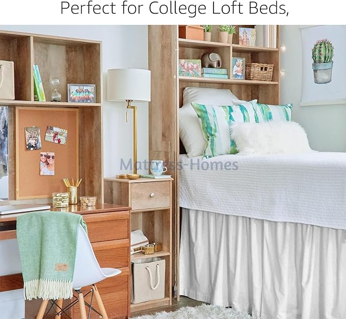 Mattress-Homes Dorm Bed Skirt Twin XL 42 Inch Drop College Beds Twin Extra Long White Microfiber Ruffled Tailored with Split Corners Wrap Around Dust Ruffle for Lofted College Beds