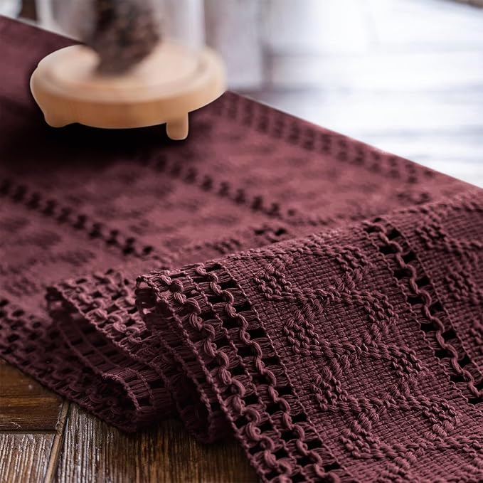Macrame Table Runner Burgundy Boho Table Runners with Tassels 12x60in | Alynsehom Hand Woven Cotton Table Runner Rustic Farmhouse Table Runners for Bohemian Kitchen Dining Table