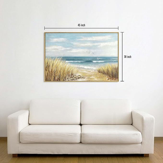 Beach Canvas Picture Wall Art: Large Ocean Sea Framed Painting Coastal Seascape Waves Artwork Decor Abstract Seaside Seashore Seagull Print for Office Living Room Bedroom 45 x 30 Inches