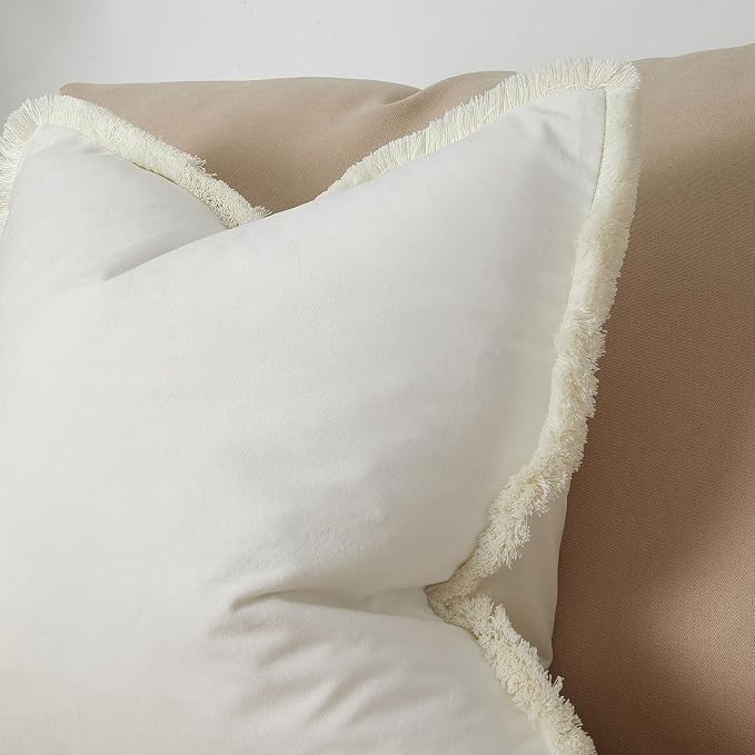 JUSPURBET Pack of 2 Cream Decorative Fringe Velvet Lumbar Throw Pillow Covers 12x20 for Home Decor Living Room Bedroom Car Boho Soft Cushion Cover with Hidden Zipper Machine Washable