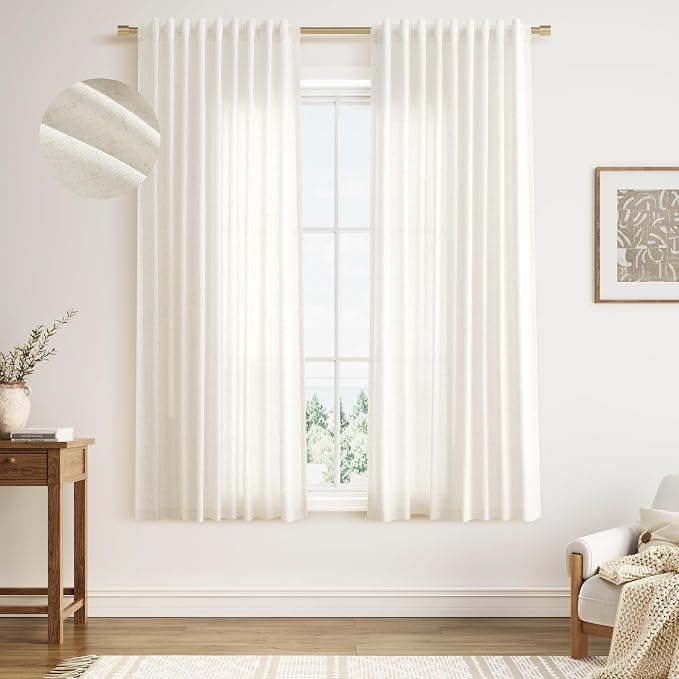 Linen Curtains 63 Inches Long for Living Room Semi Sheer Light Filtering Curtain Back Tab Neutral Boho Modern Farmhouse Window Drapes for Bedroom 52x63 2 Panels Cream Ivory Beige Natural