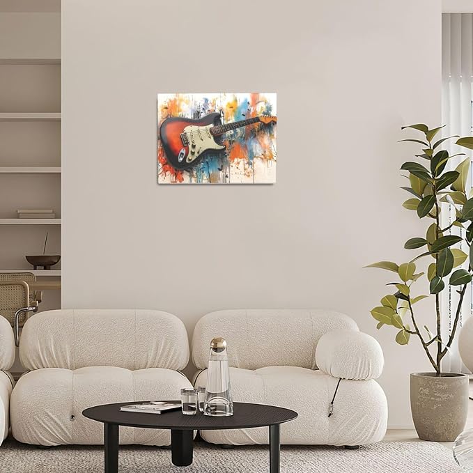 Guitar Wall Art Guitar Wall Decor Music Pictures Graffti Musical Instruments Canvas Prints Painting Artwork Splash Decoration for Music Room Bedroom Living Room Framed Gifts 12"x16"