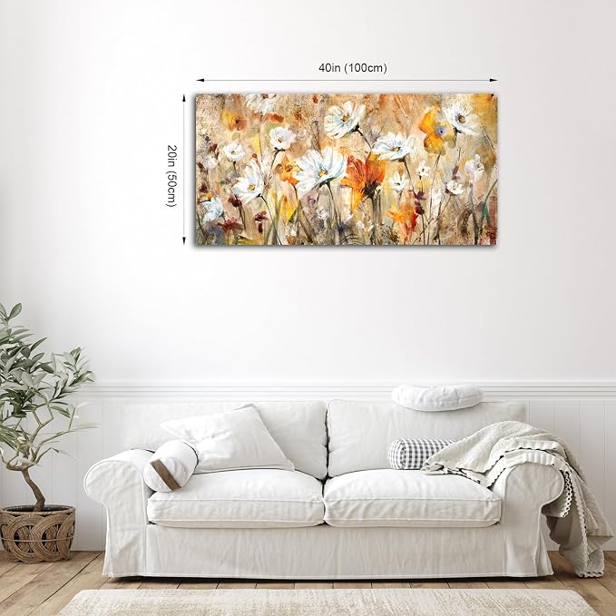 VEAEE Flowers Wall Art for Living Room Abstract Floral Canvas Pictures Modern Daisy Canvas Painting Artwork Prints Bedroom Kitchen Office Home Wall Decor Framed Ready To Hang 20"x 40"