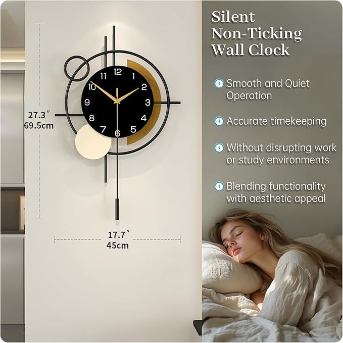 Large Wall Clock for Living Room Decor Modern Wall Clock Pendulum | Analog Silent Quartz Battery Operated Metal Decorative Clock for Dining Room,Kitchen,Home,Bathroom,Bedroom,Black 17.7x27.3 in
