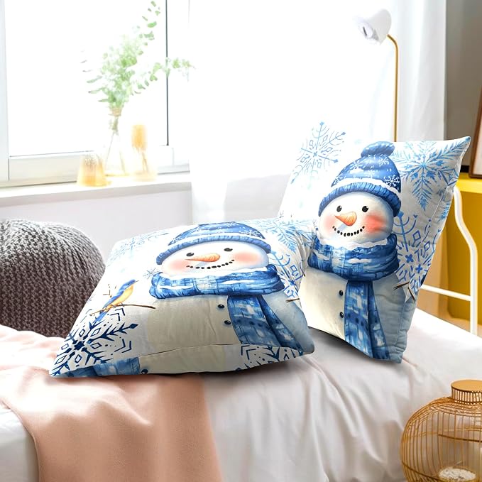 Winter Snowman Throw Pillow Covers 22x22 inch Set of 2 Christma Snowman Blue Snowflakes Bird Decorative Pillowcase Xmas Holiday Cushion Cover for Home Sofa Patio