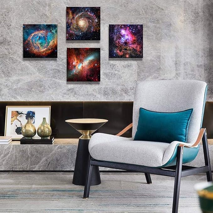 Nebula Galaxy Wall Art Painting Prints on Canvas Wall Decorations Wooden Frames Canvas 24" x 24" x 4 Panels/Set Outer Space Starlight Modern Artwork Pictures Home Wall Decor Cosmic Astronomy Posters
