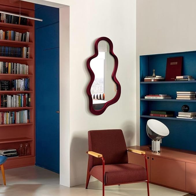Mirror Wall Decor for Retro Living Room Bedroom,13.8x29.7,Wine Red | Soft Flocking Touch,Asymmetrical Decorative Mirror for Entry Porch Staircase,Retro Modern Hanging Wall Art Gift for Wedding