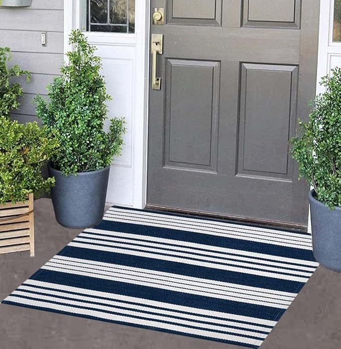 Blue and White Striped Doormat 24"x35"Washable Farmhouse Front Porch Rug | Cotton Bend with Woven Construction, Easy-care Fabric, Gentle Machine Wash and Air Dry