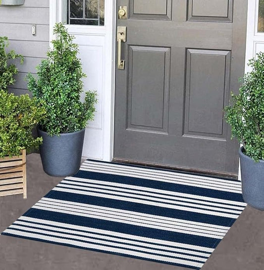 Blue and White Striped Doormat 24"x35"Washable Farmhouse Front Porch Rug | Cotton Bend with Woven Construction, Easy-care Fabric, Gentle Machine Wash and Air Dry