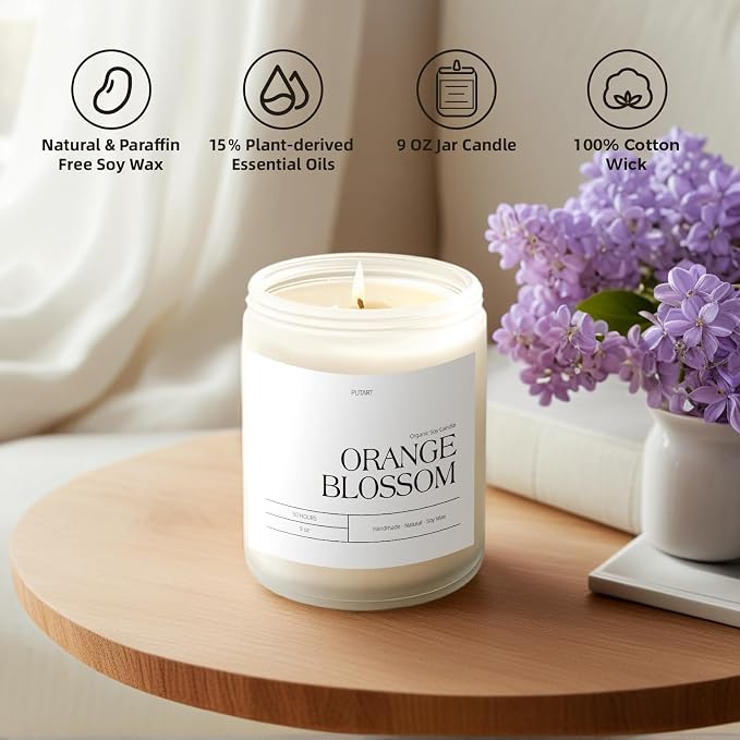 Orange Blossom Candles for Home Scented, 9oz Non Toxic Soy Candle | Natural Aromatherapy Candles for Stress Relief, Long Burning & Lasting Candle Gifts for Halloween, Birthday, Christmas
